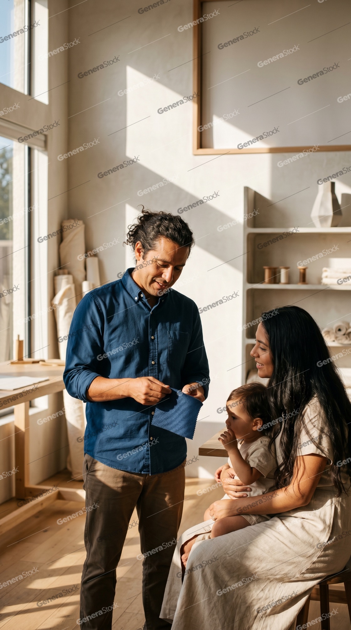 Happy young family in a bright minimalist craft studio looking at fabric swatches together