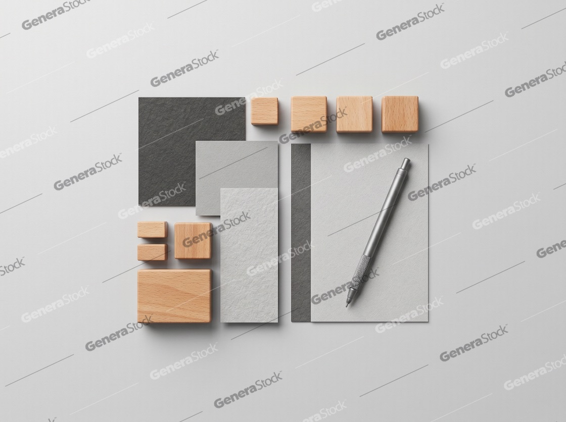 Minimalist corporate identity mockup with wooden blocks, textured paper sheets, and a silver pen on a neutral background