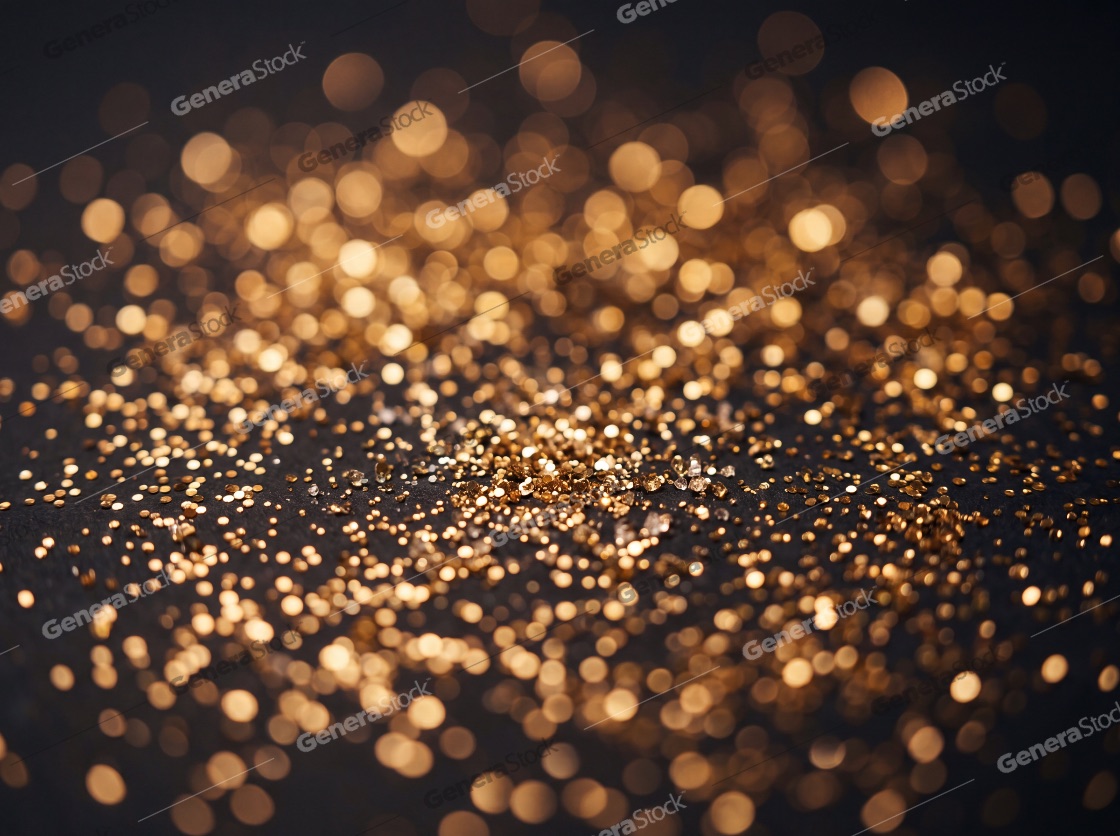 Elegant gold glitter and shimmering sequins on a dark background with soft bokeh light circles for festive celebrations