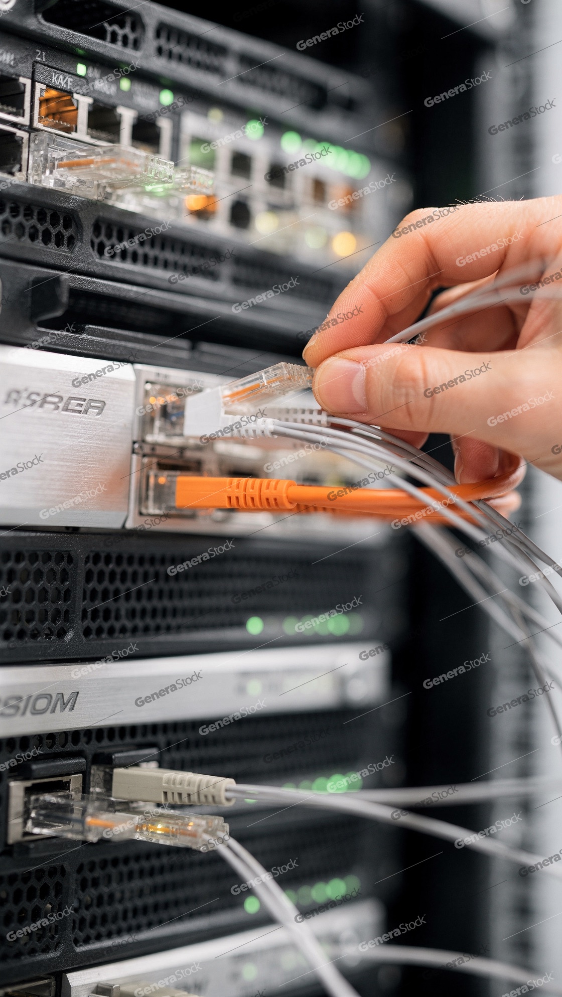 Close-up of an IT technician's hand connecting an Ethernet netwo