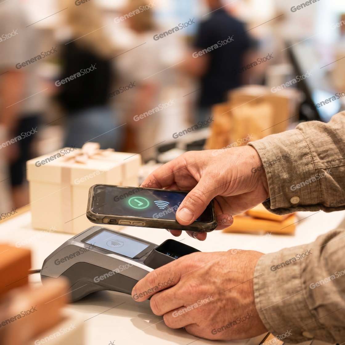 Close-up of a man making a contactless payment with his smartphone at a retail store checkout