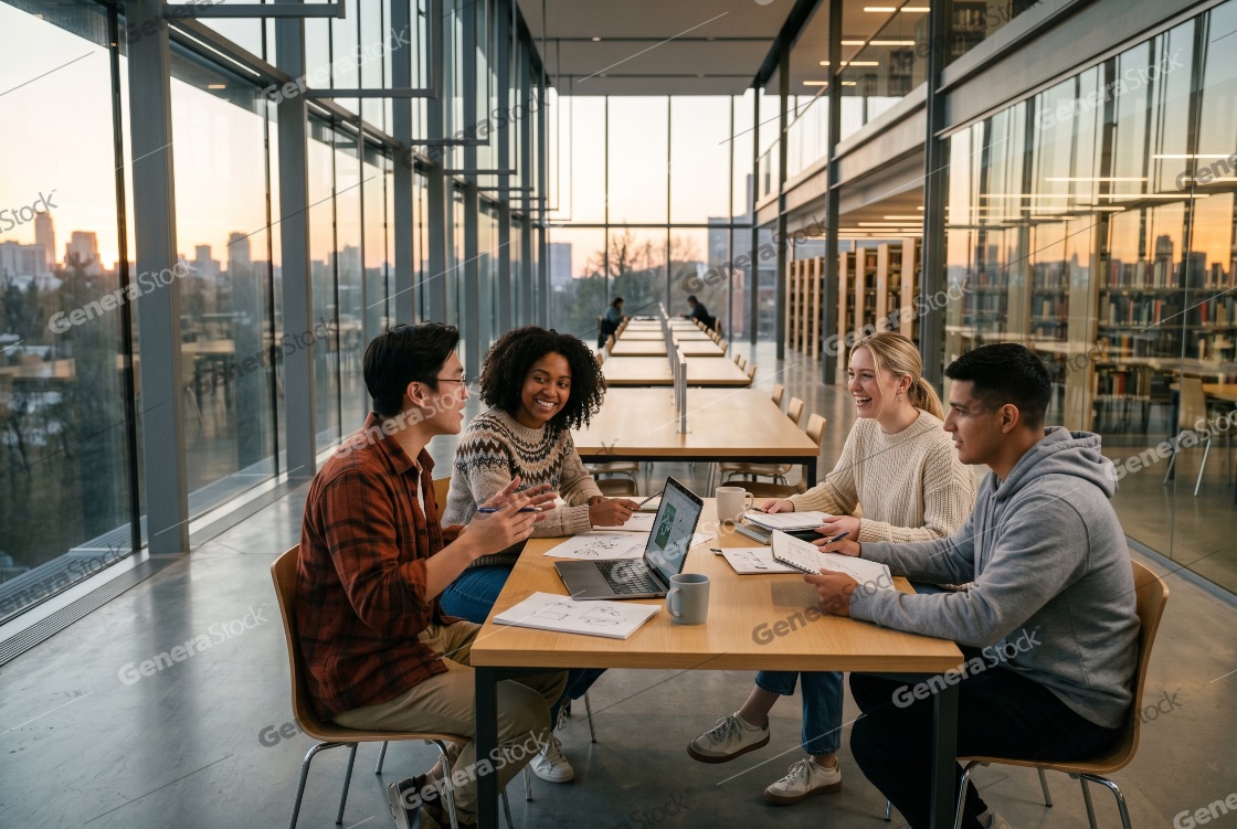 Diverse Group of University Students Studying Together in a Modern Library at Sunset
