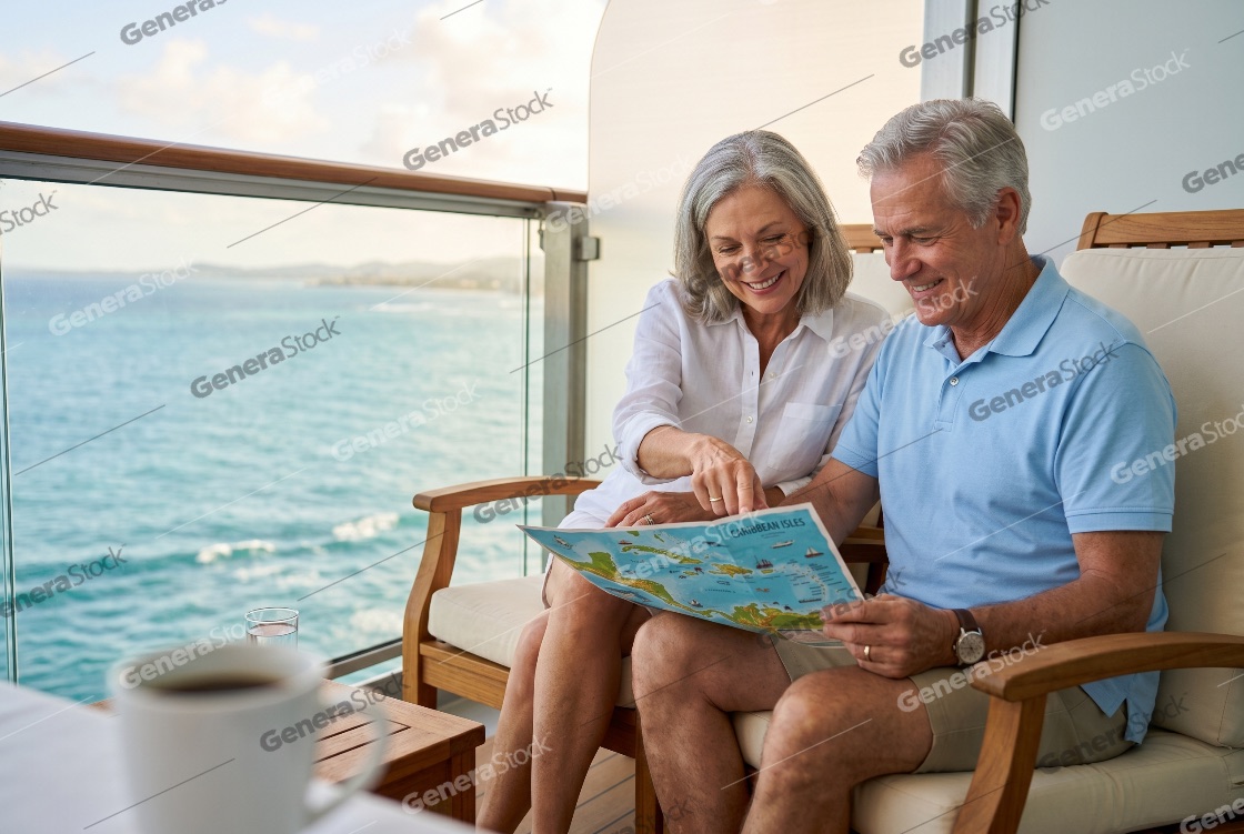 Smiling senior couple sitting on a cruise ship balcony and looking at a Caribbean map together during a luxury vacation at sea