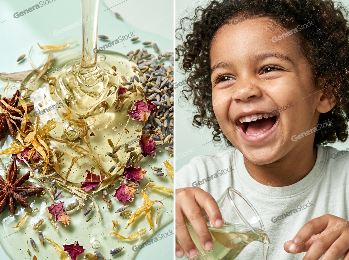 Happy Young Child Laughing While Holding Natural Herbal Oil Next to a Close-up of Pouring Liquid with Dried Botanicals