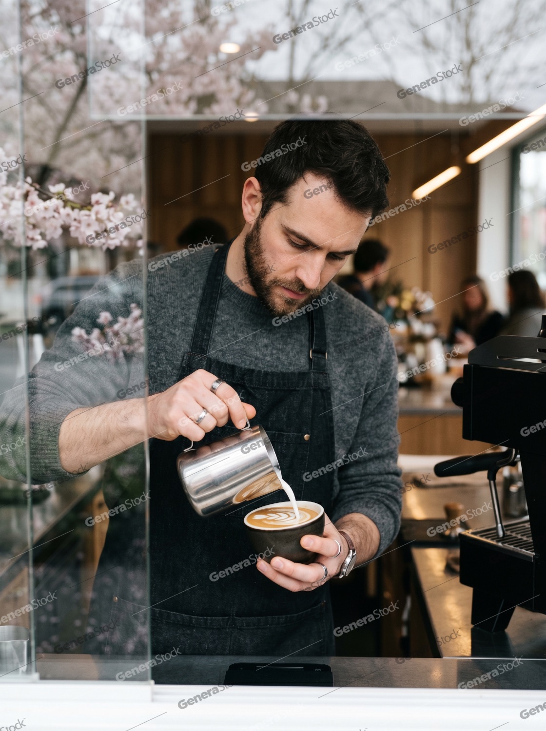 Professional Barista Pouring Steamed Milk to Create Latte Art in a Modern Cafe Setting with Spring Cherry Blossoms