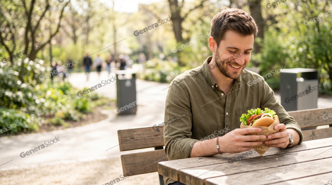 Smiling young man holding a fresh burger while sitting at a wooden table in a sunny public park