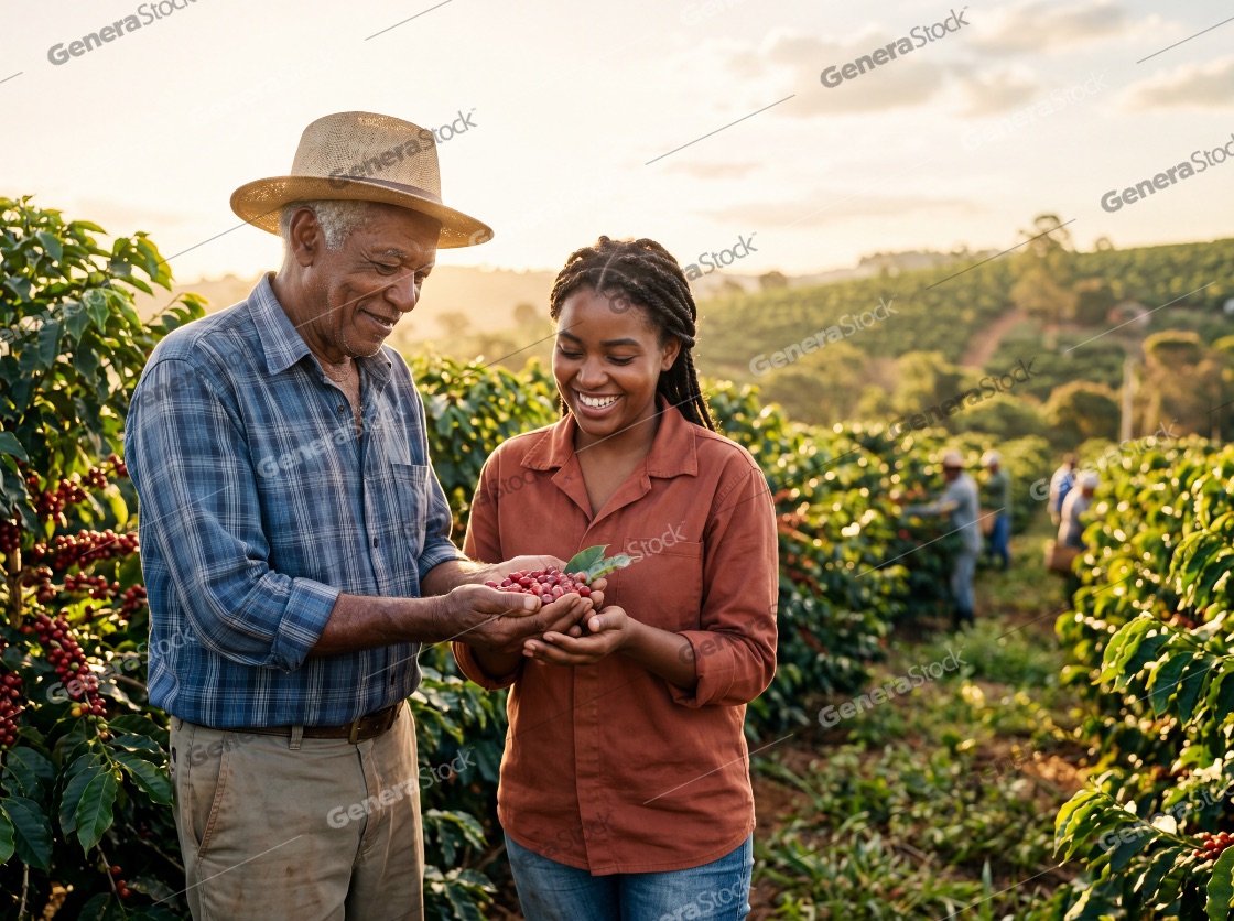 Senior farmer and young woman holding ripe coffee cherries on a plantation at sunset
