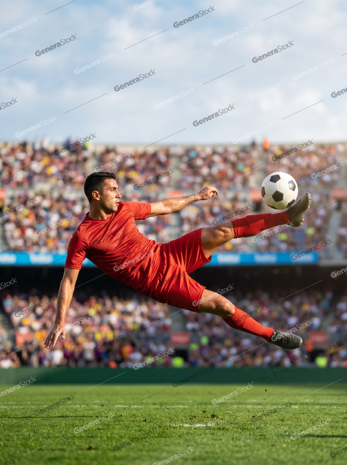 Professional soccer player in red uniform performing a spectacular bicycle kick in a crowded stadium during a match
