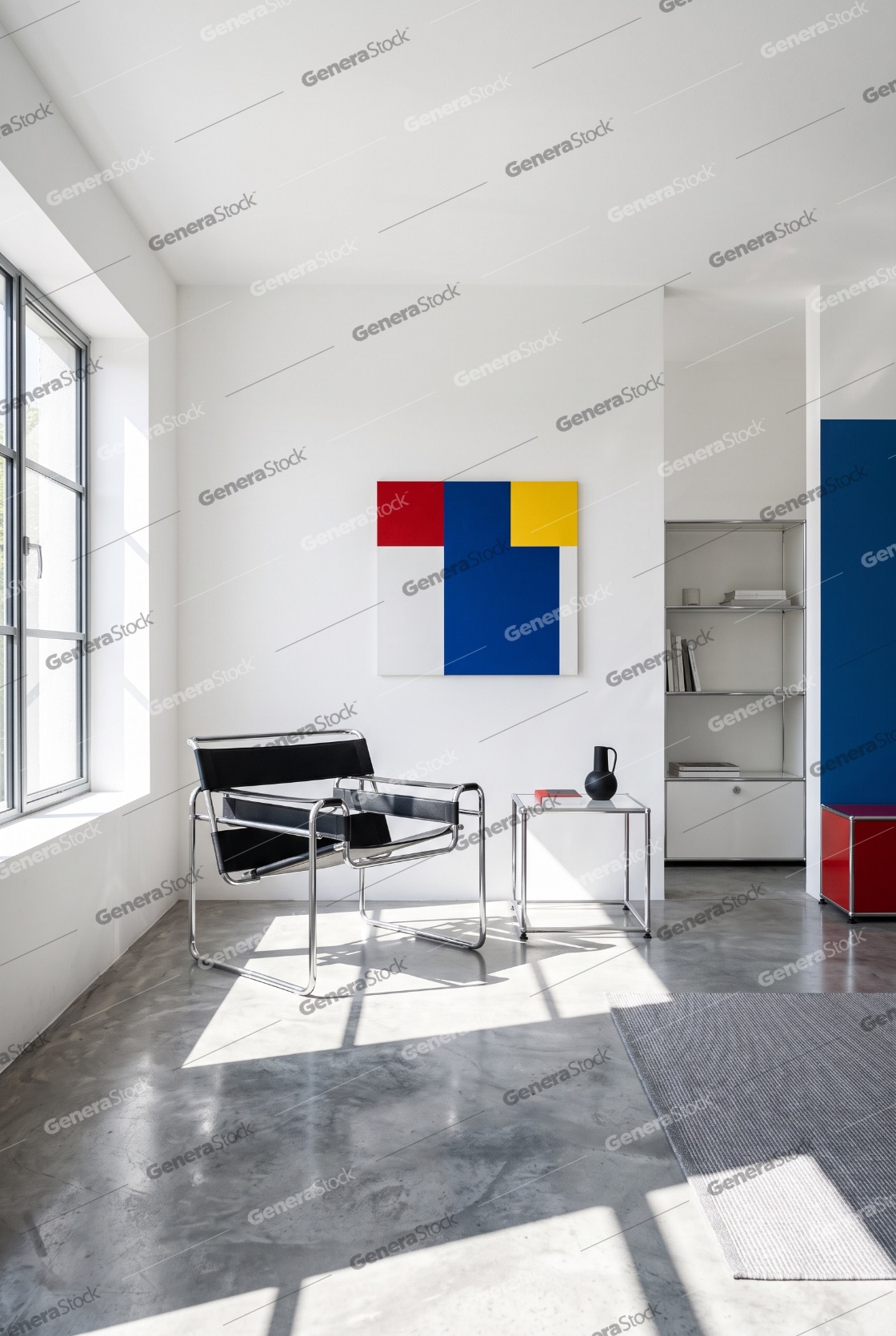 Modernist interior with Bauhaus style furniture, primary color a