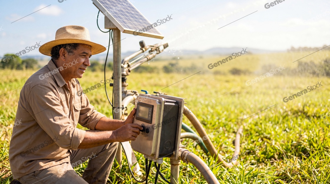 Mature farmer operating a modern solar-powered irrigation system control panel in a lush green field on a sunny day