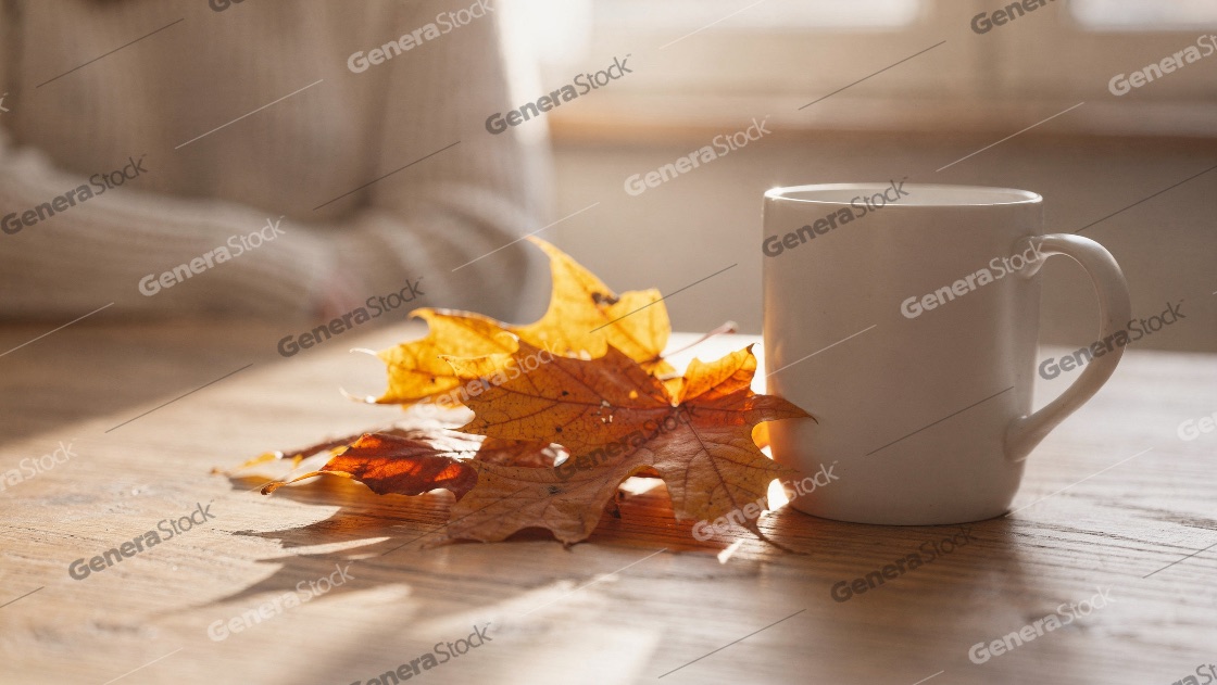 Cozy autumn morning with a white mug and dry maple leaves on a w