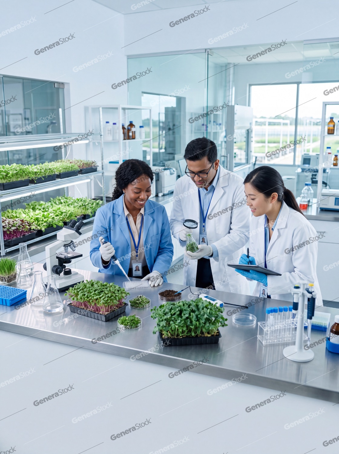 Diverse team of scientists researching plant growth and biotechnology in a modern laboratory