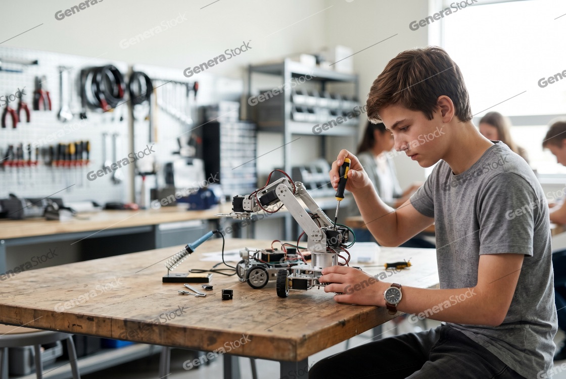 Focused teenage student assembling a robotic arm using a screwdriver in a modern STEM workshop