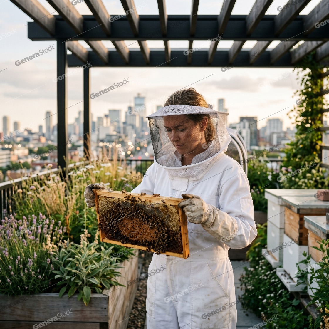 Female beekeeper inspecting a honeycomb frame on an urban rooftop garden with city skyline background