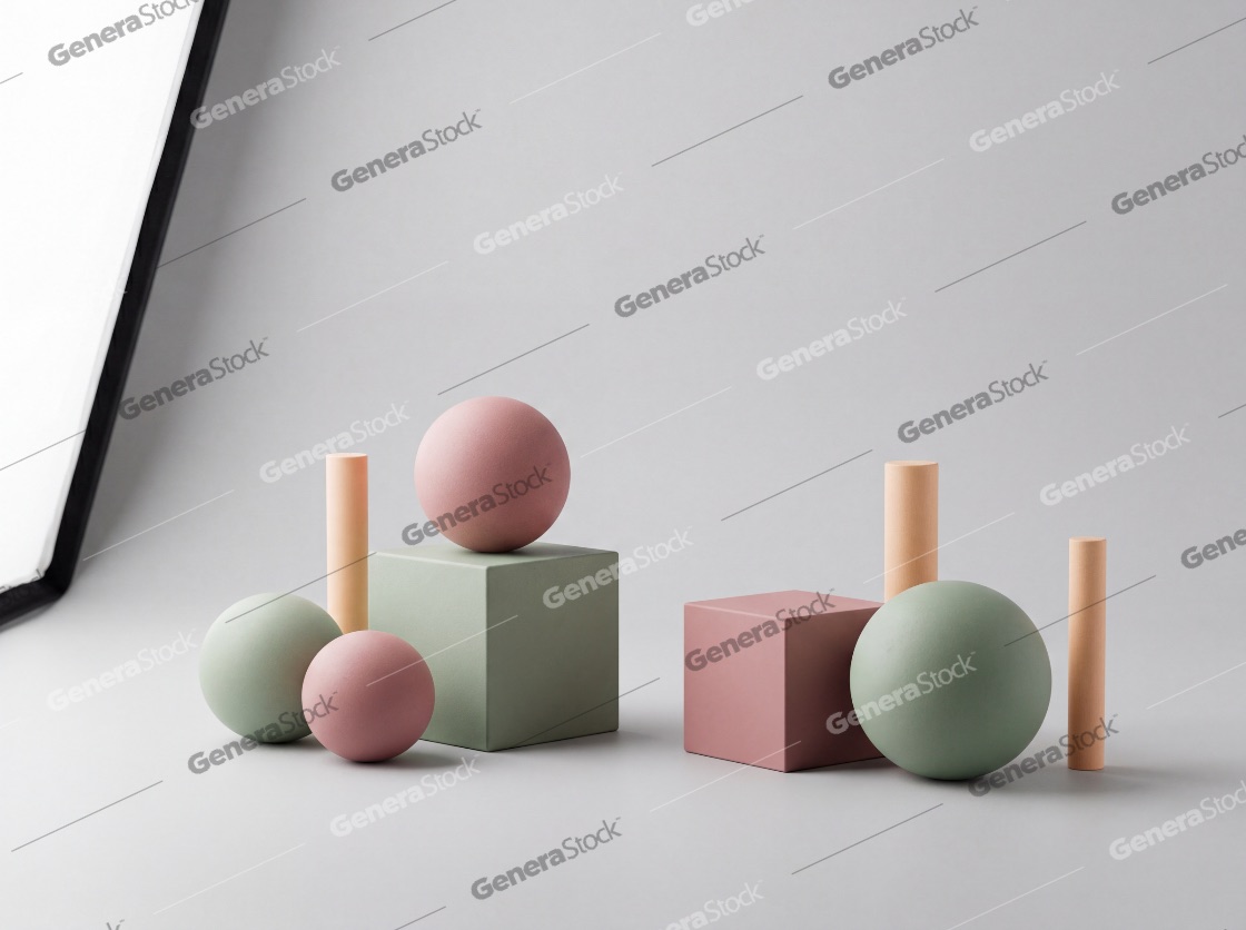 Minimalist 3D Geometric Shapes Composition in Pastel Colors on Gray Background