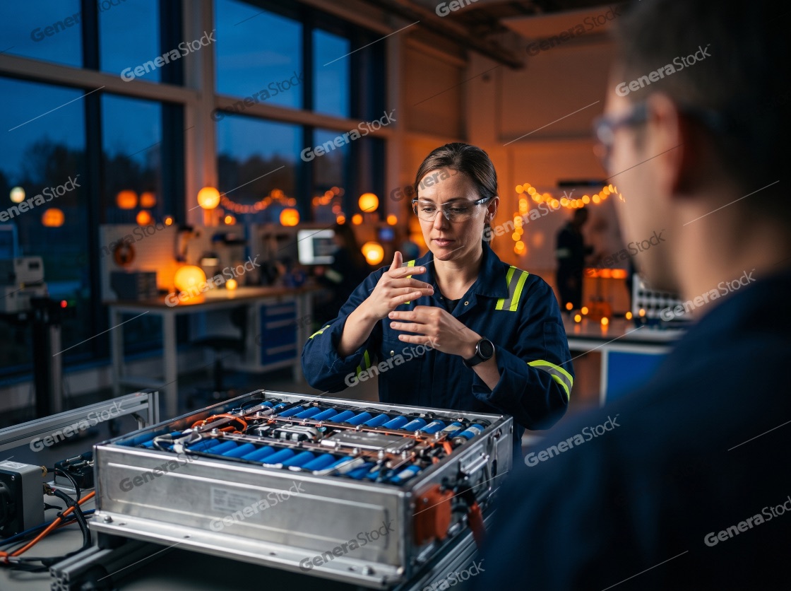Female engineer working on electric vehicle battery pack in a modern laboratory research facility