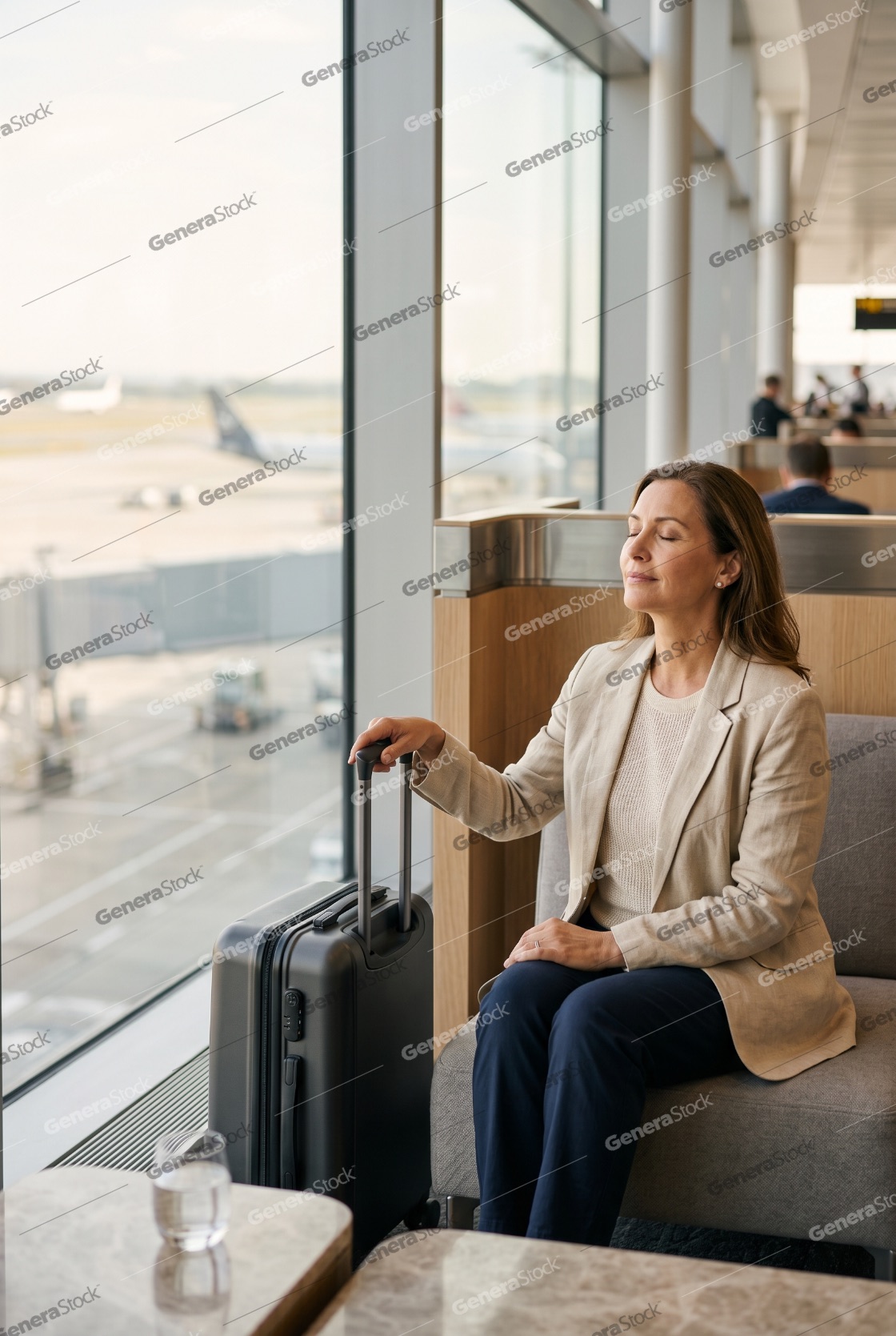 Relaxed mature business woman sitting in an airport terminal lounge with her eyes closed, holding a suitcase while waiting for her flight