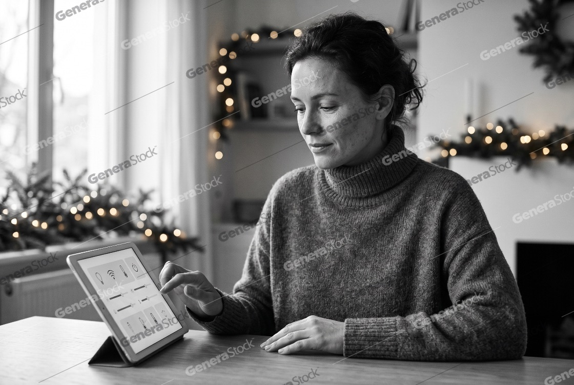 Woman using smart home application on tablet in cozy winter living room, black and white