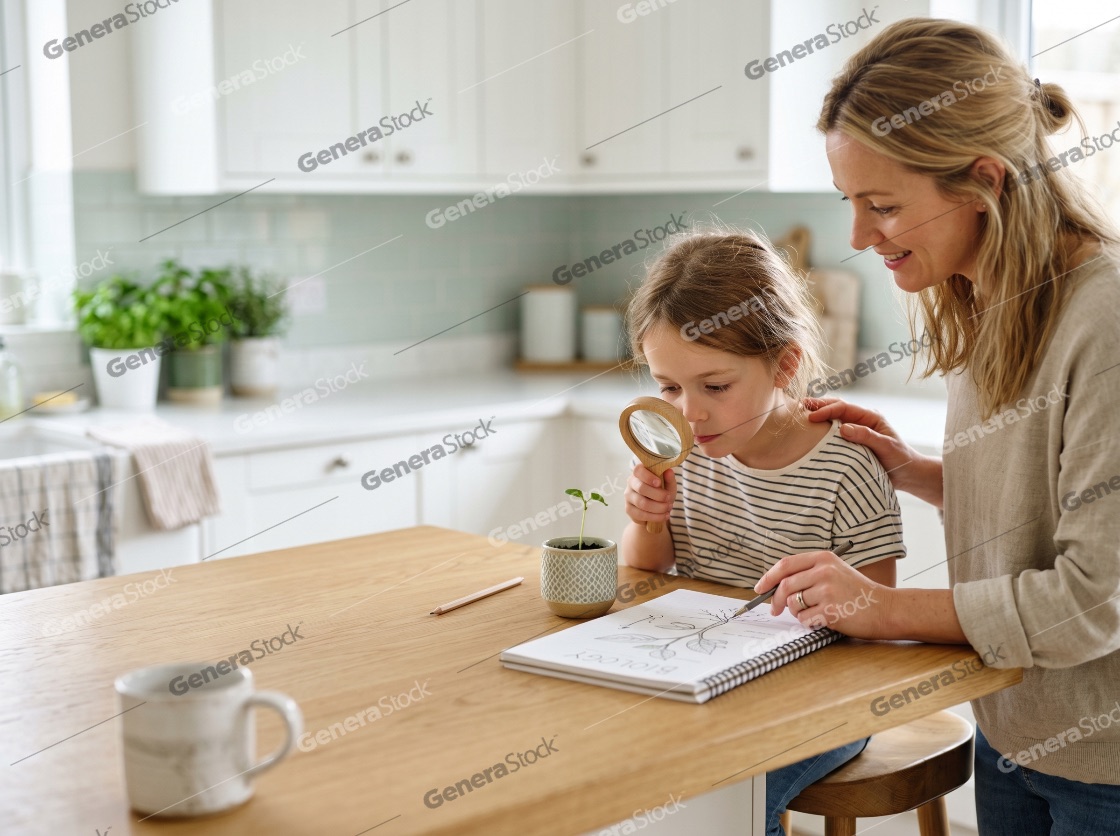 Mother and Daughter Studying Plant Sprout with Magnifying Glass for Home Biology Lesson
