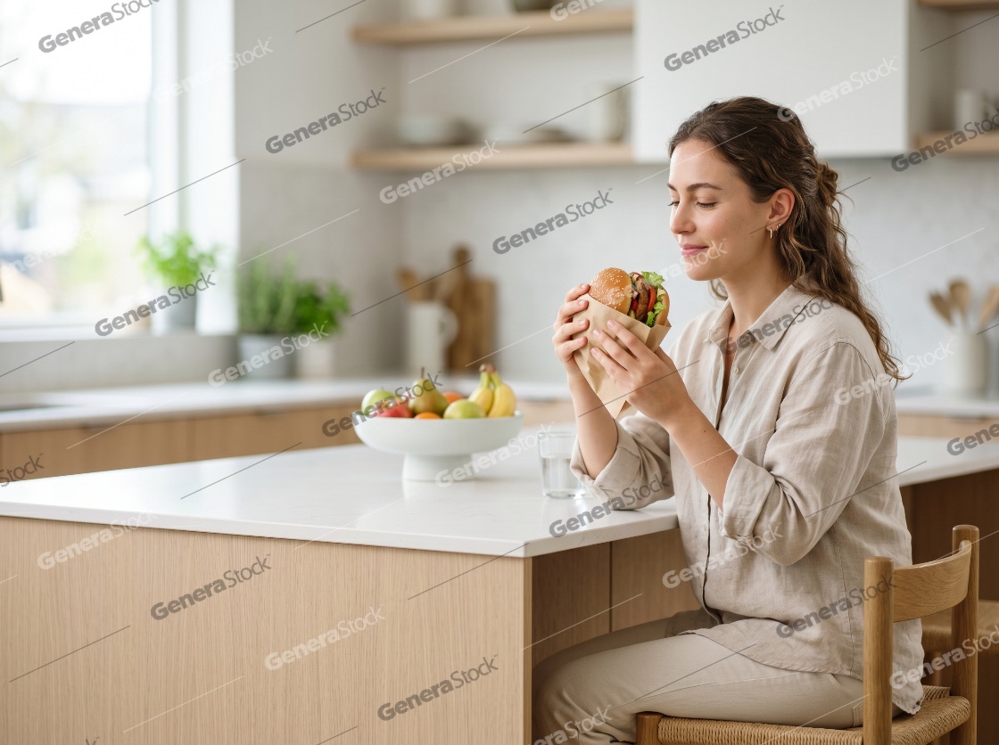 Young Woman Enjoying a Fresh Burger in a Bright Modern Kitchen