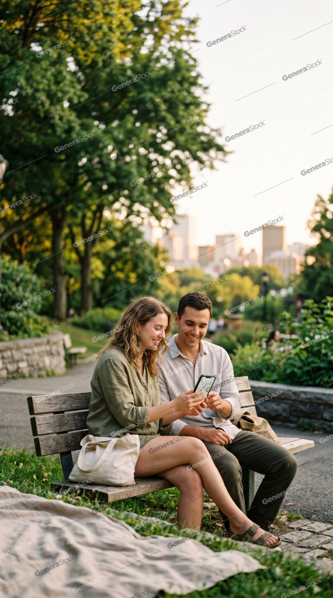 Happy Young Couple Sitting on Park Bench Looking at Smartphone with City Skyline Background