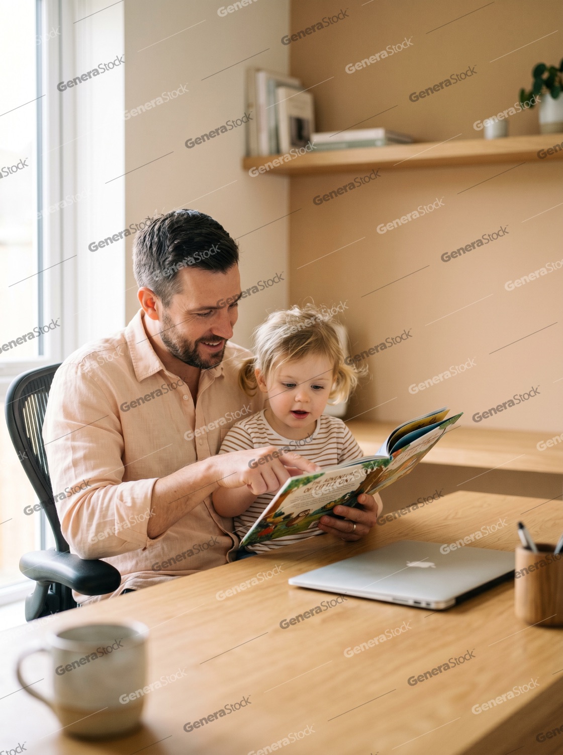Loving father reading a storybook to his young daughter while sitting at a desk in a modern home office