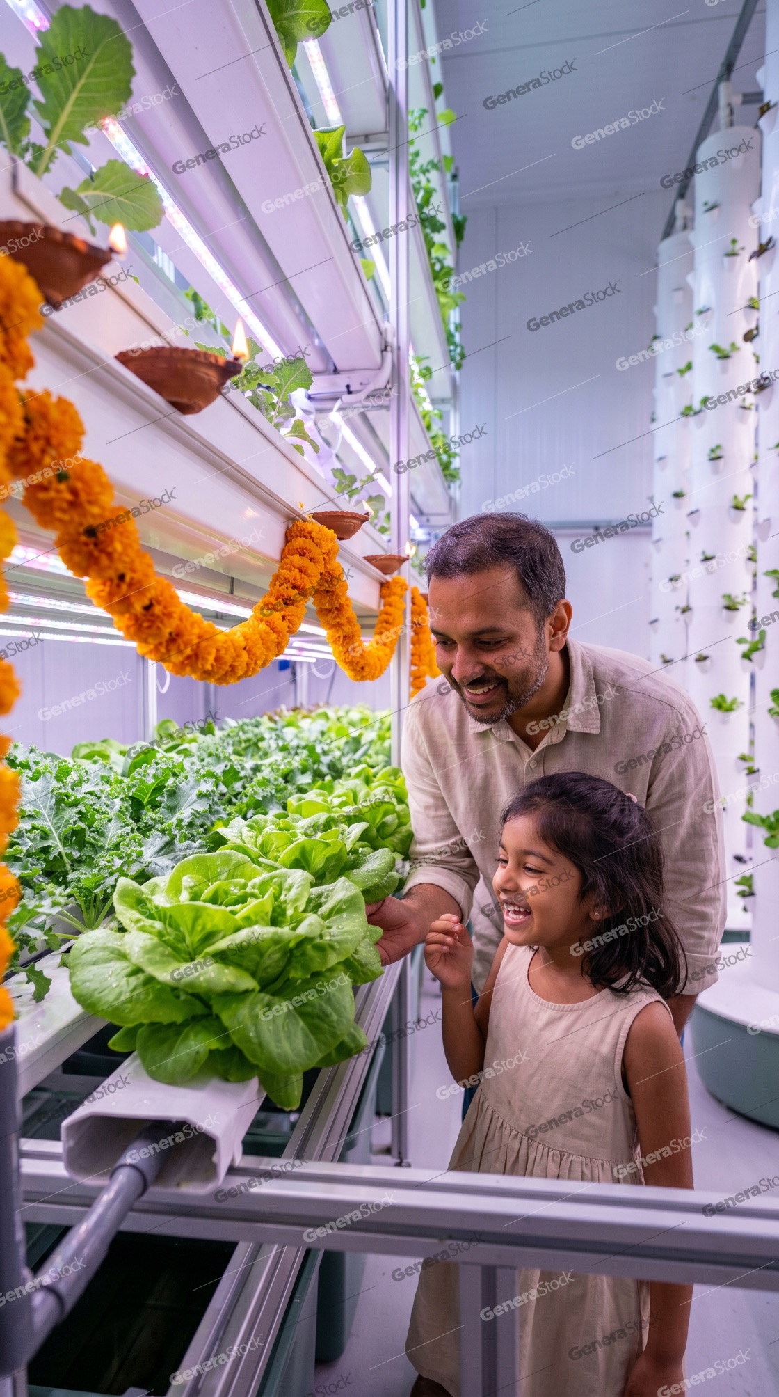 Happy Indian Father and Daughter Exploring Sustainable Indoor Vertical Farm with Hydroponic Lettuce