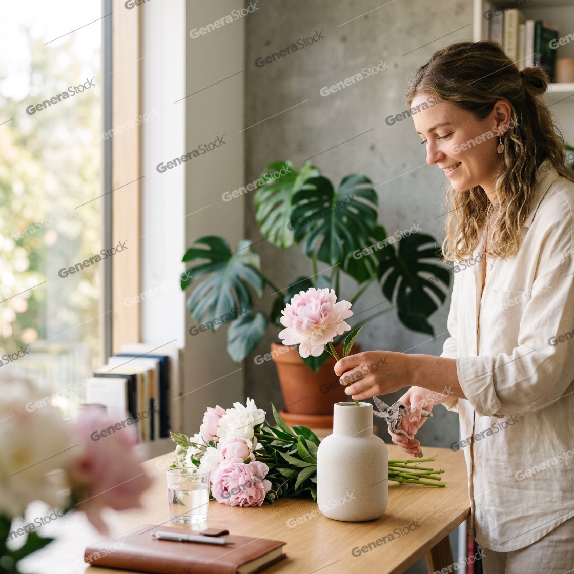 Smiling young woman arranging fresh pink peonies in a ceramic vase at home