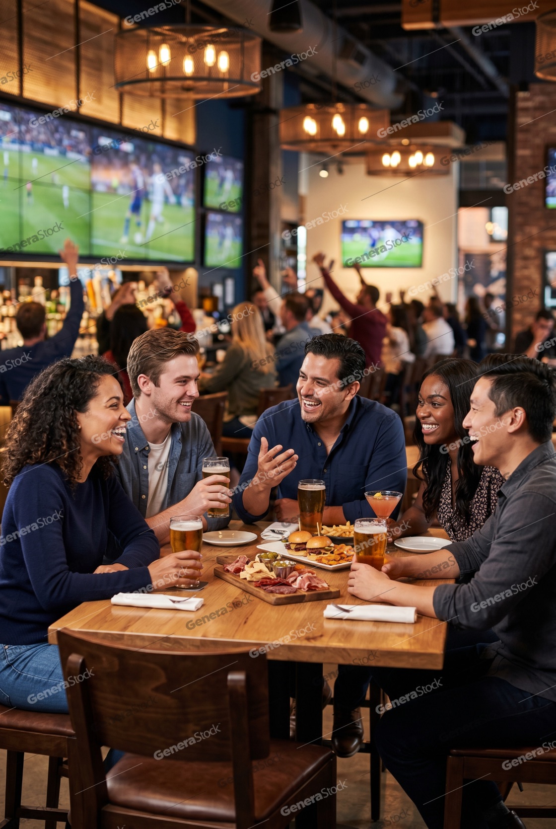 Diverse group of happy friends laughing and talking while enjoying drinks and appetizers at a lively sports bar with soccer games on TV screens in the background