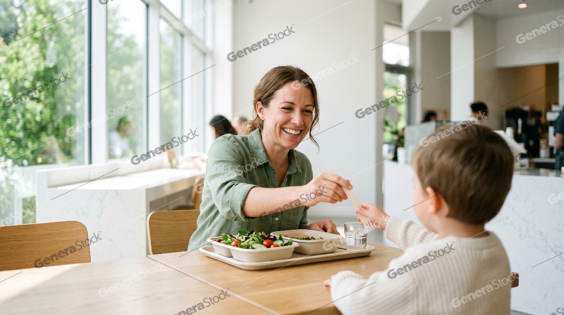 Happy Mother Sharing a Healthy Meal with Her Young Son in a Bright Modern Cafe