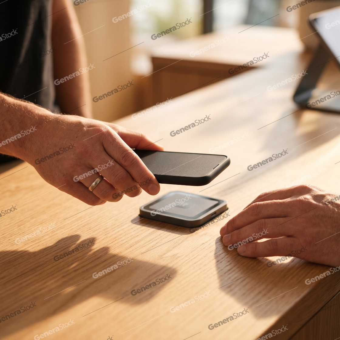 Customer making a contactless mobile payment with a smartphone at a retail store counter