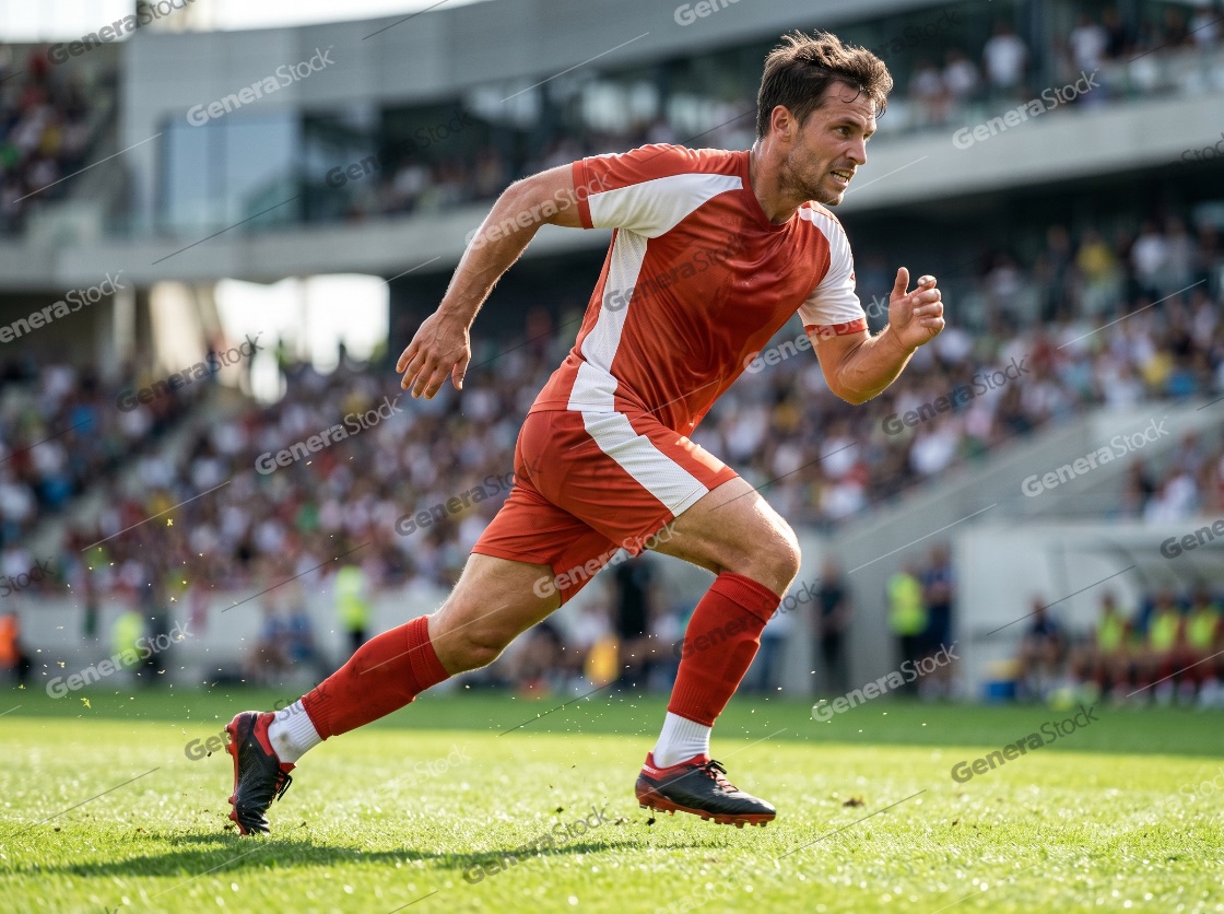 Professional soccer player in red uniform sprinting across the field during a match in a crowded stadium