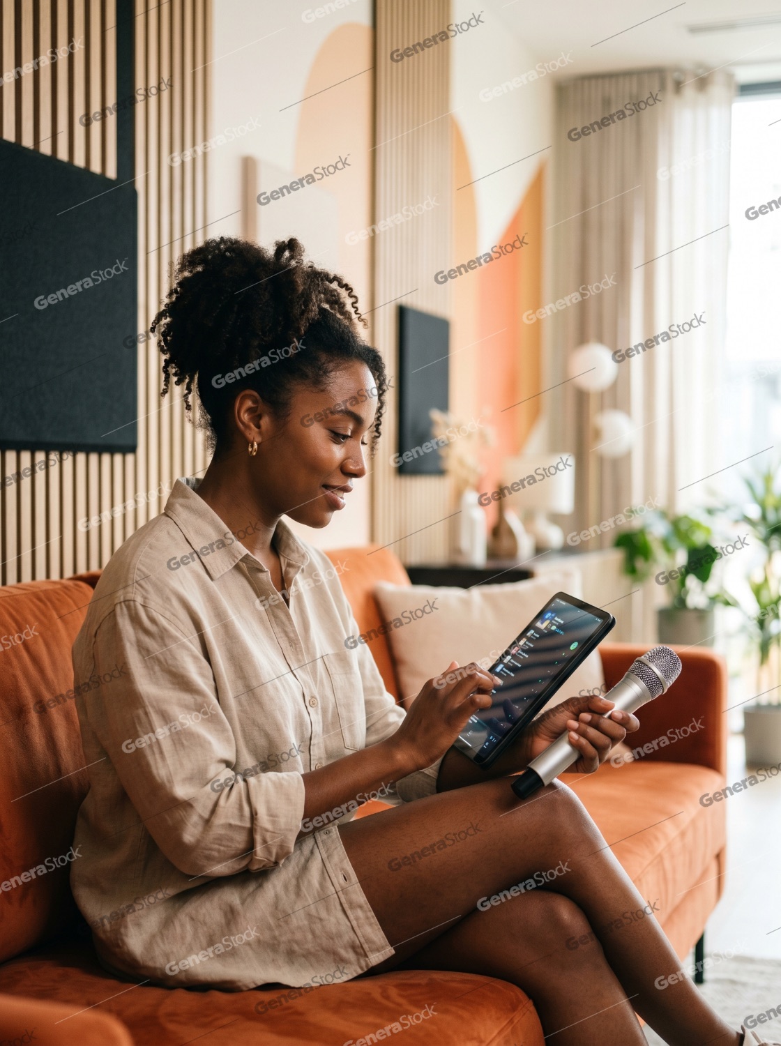 Young African American Woman Recording Podcast with Tablet and Microphone at Home