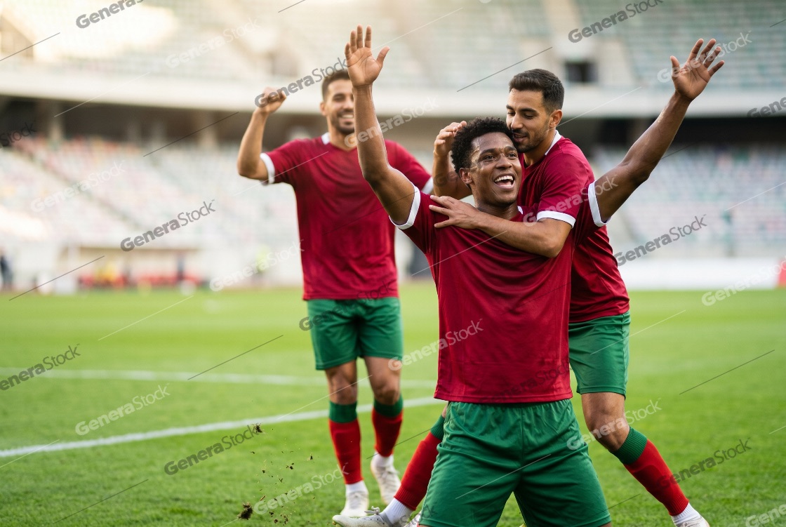 Group of professional soccer players in red and green uniforms celebrating a victory or goal on a large stadium field during a match
