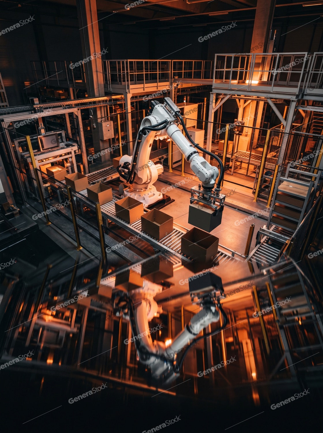 Industrial robotic arm picking up cardboard boxes on a conveyor belt in a modern automated warehouse with warm lighting and floor reflection