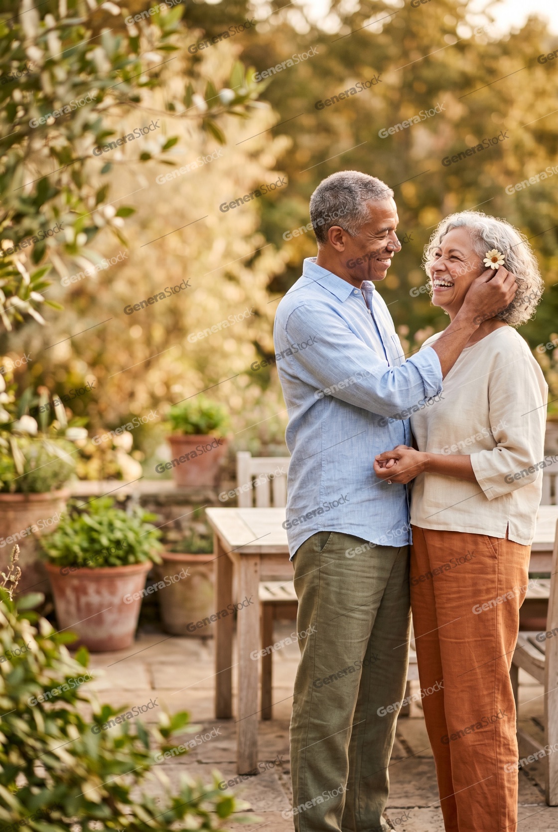 Happy senior couple sharing a romantic moment in their garden at sunset