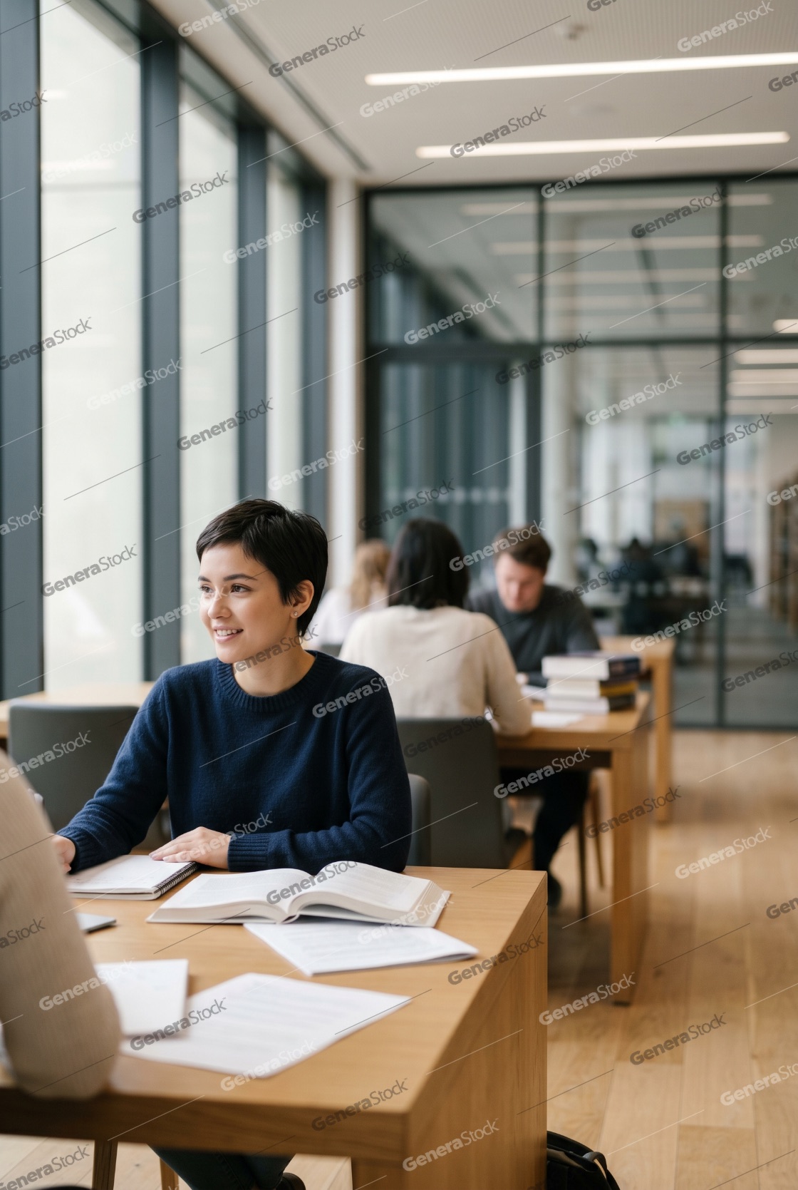 Smiling young female student with short hair sitting at a desk with books in a bright modern library or university study hall