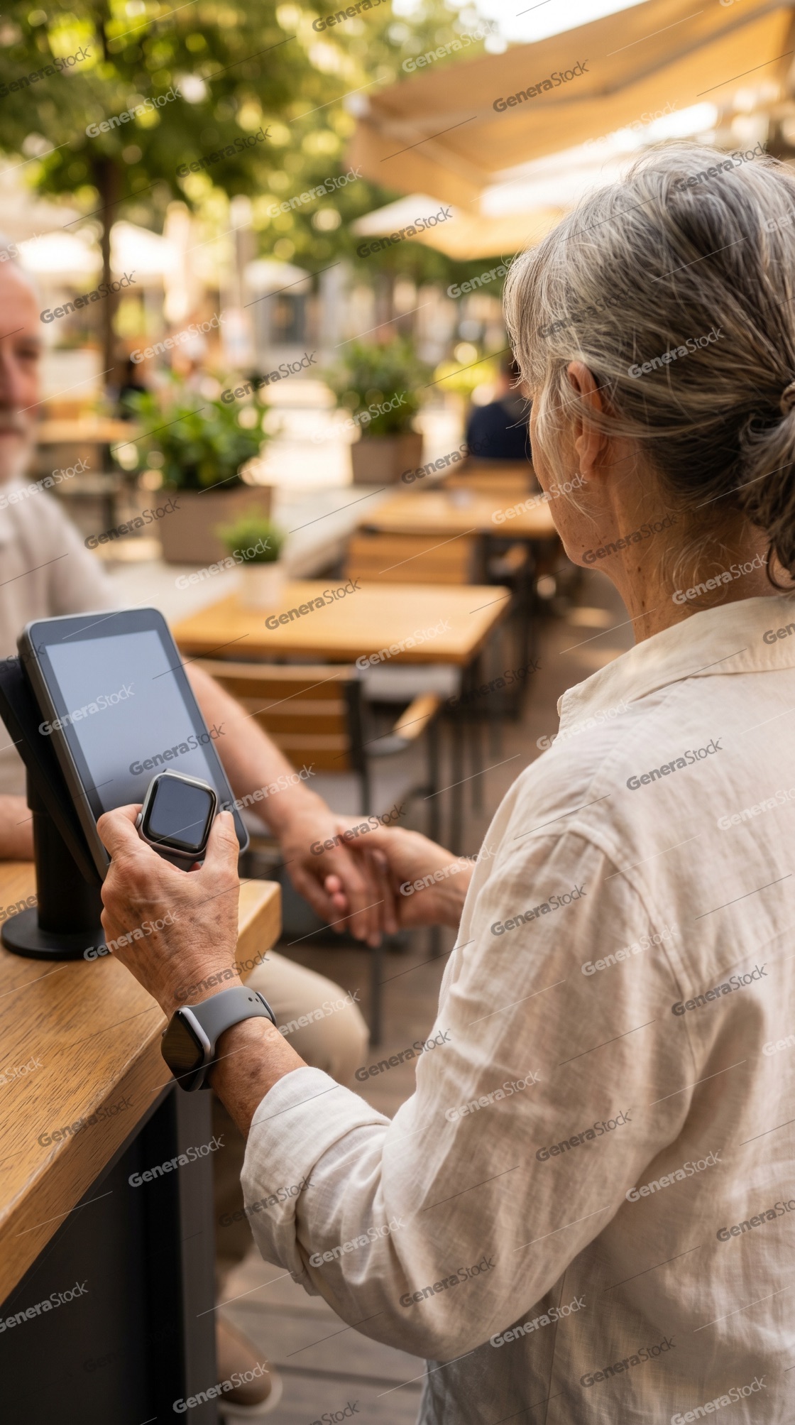 Senior woman making a contactless payment with her smartwatch at an outdoor cafe terrace
