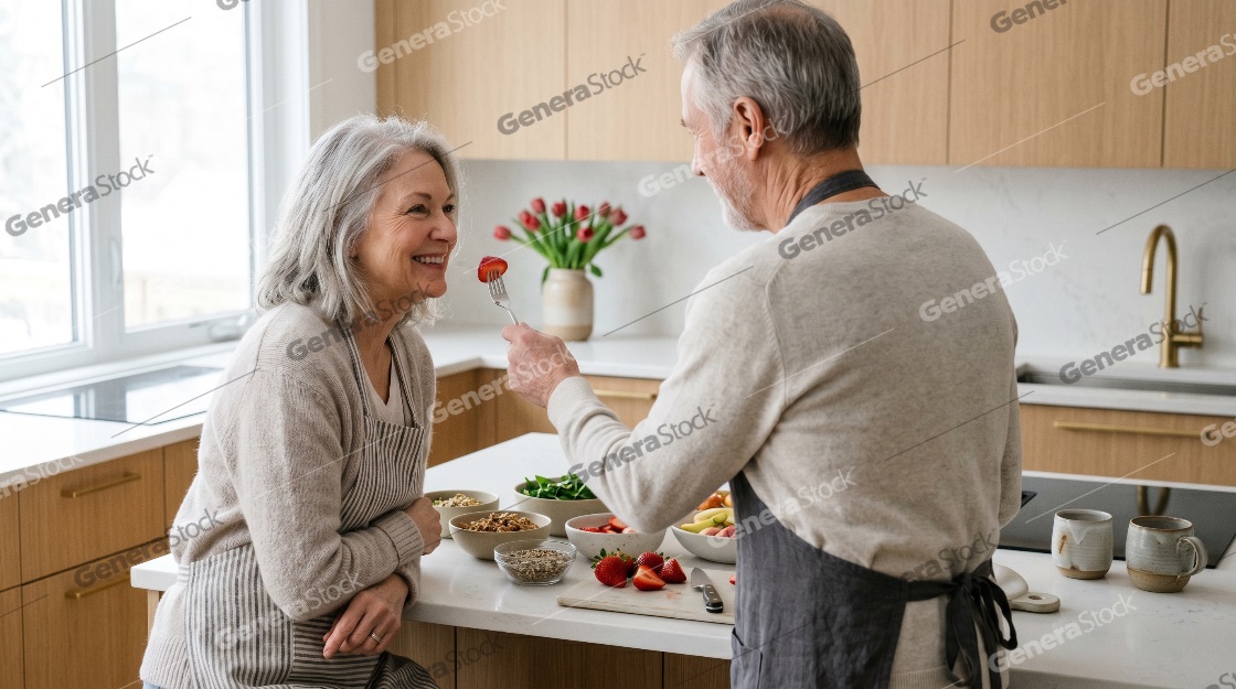Happy Senior Couple Preparing Healthy Breakfast Together in Modern Kitchen