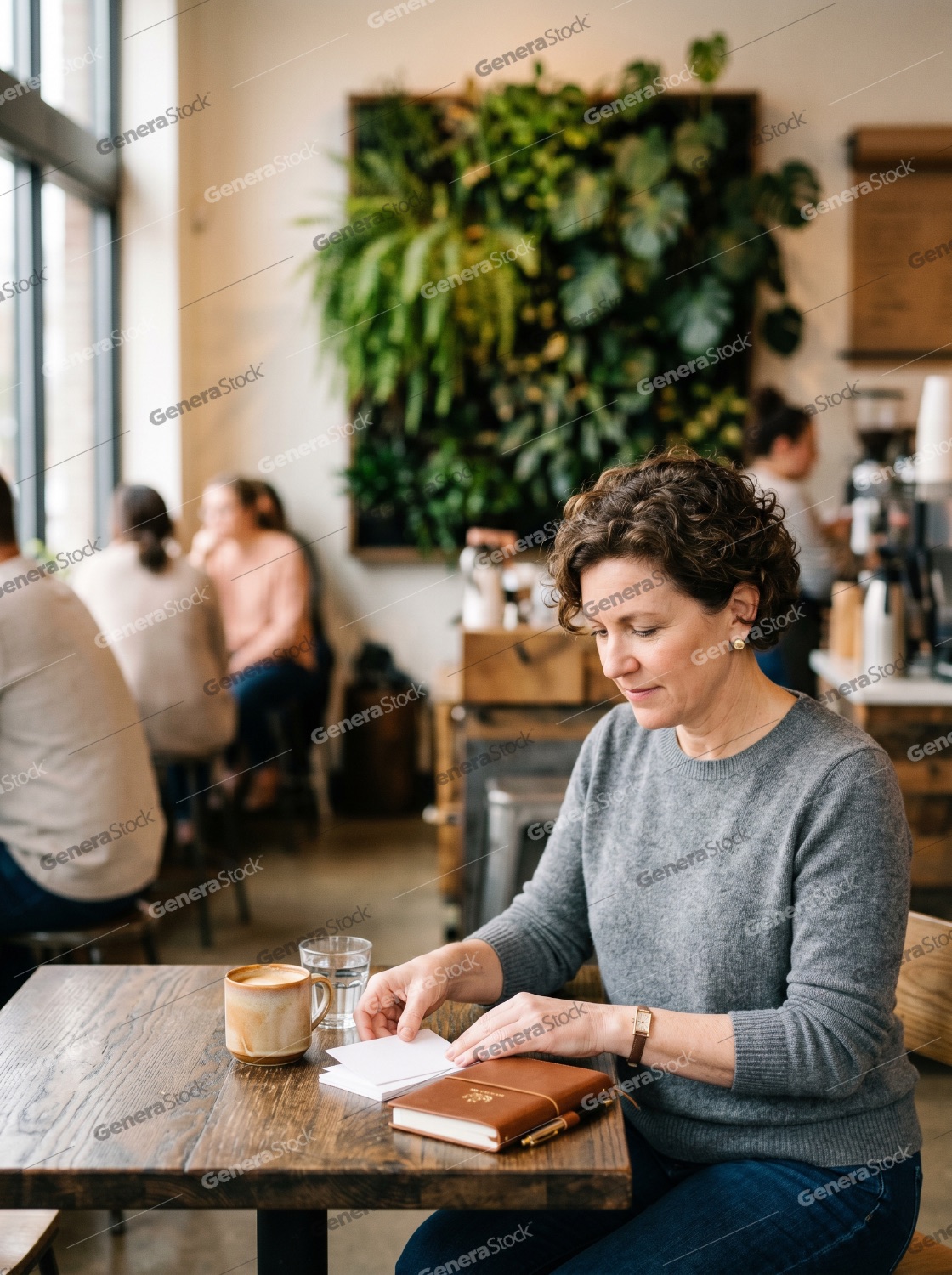 Mature woman sitting in a cozy cafe, planning her day with a journal and coffee