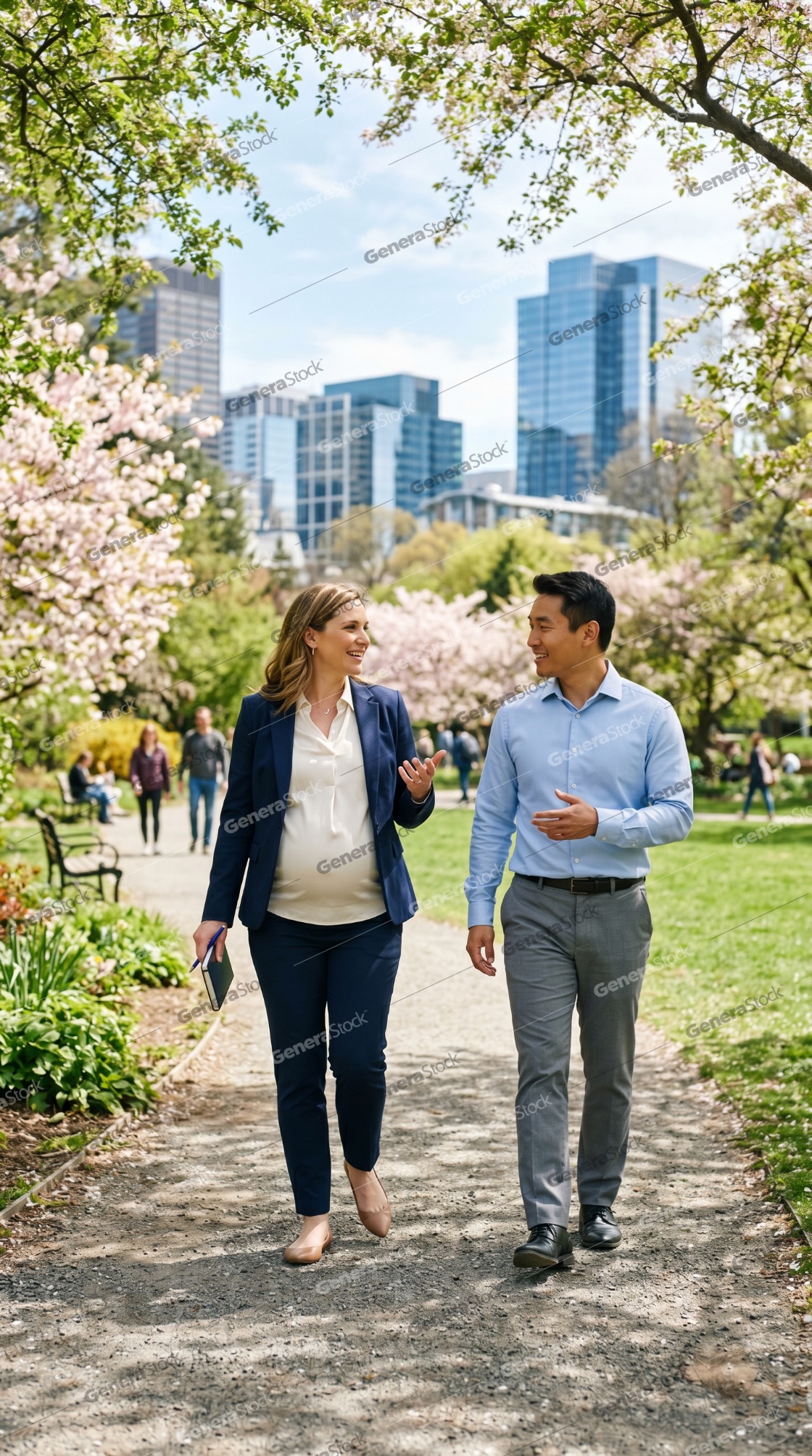 Diverse Business Colleagues Including a Pregnant Woman Having a Walking Meeting in a City Park