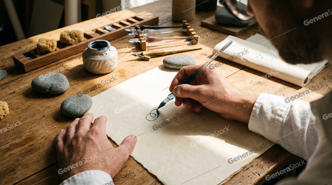 Close-up of a calligrapher's hands using a glass dip pen to write on handmade parchment paper at a rustic wooden desk in a sunlit studio
