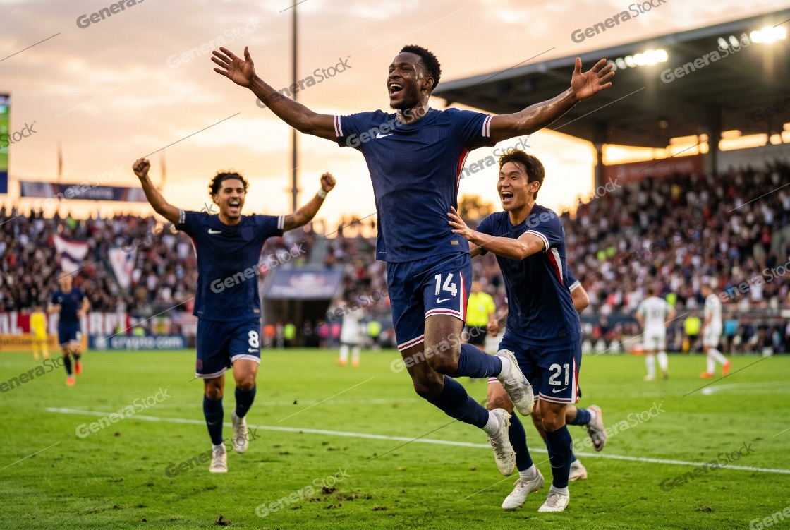 Excited professional soccer players in blue uniforms celebrating a winning goal with arms raised in a packed stadium during a sunset match