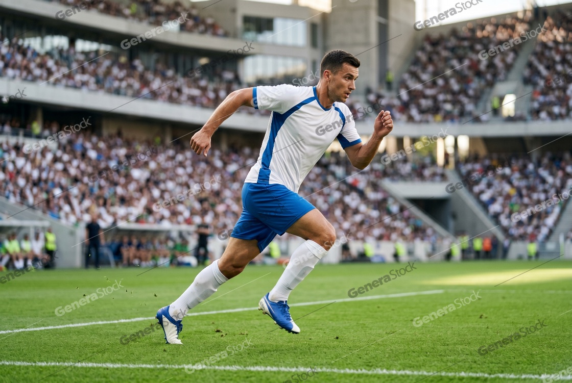 Professional Male Soccer Player Sprinting on Green Field in a Crowded Stadium during a Match