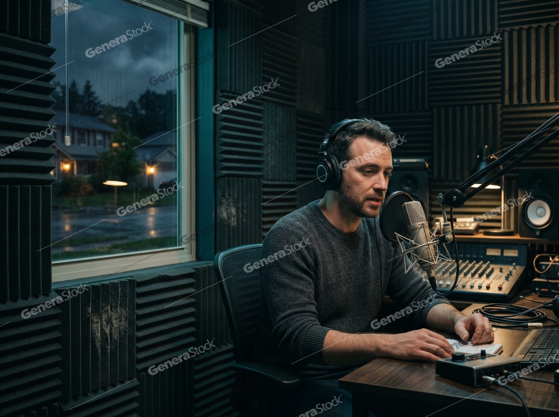Male Podcaster Recording in a Professional Home Studio on a Rainy Night
