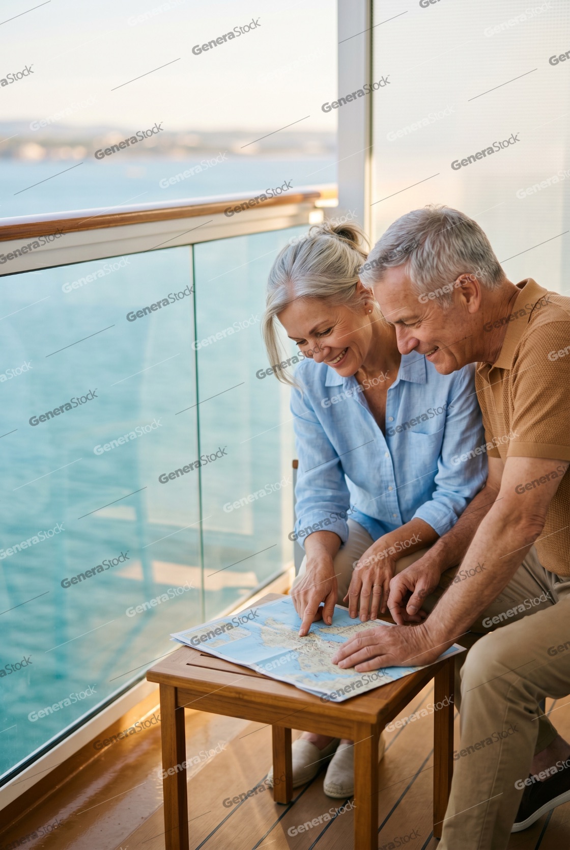 Happy Senior Couple Planning Their Next Destination on a Cruise Ship Balcony