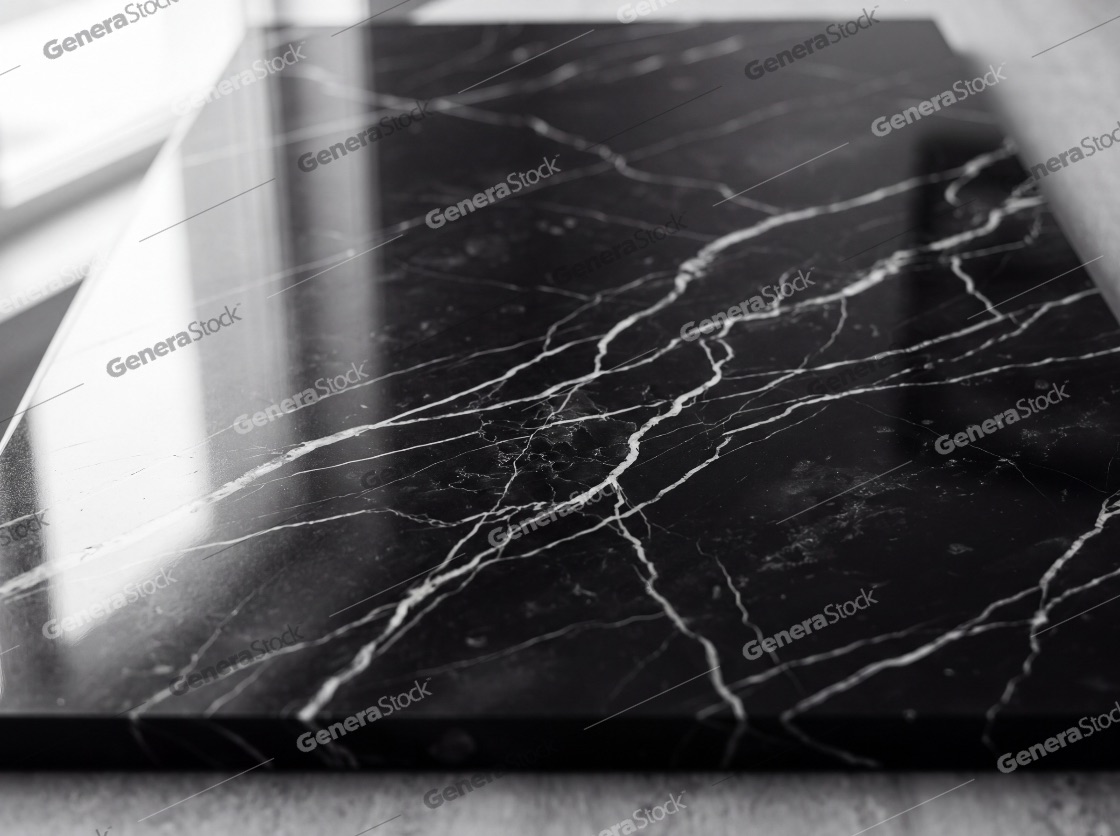 Luxurious Polished Black Marble Slab with Elegant White Veining and Reflective Surface