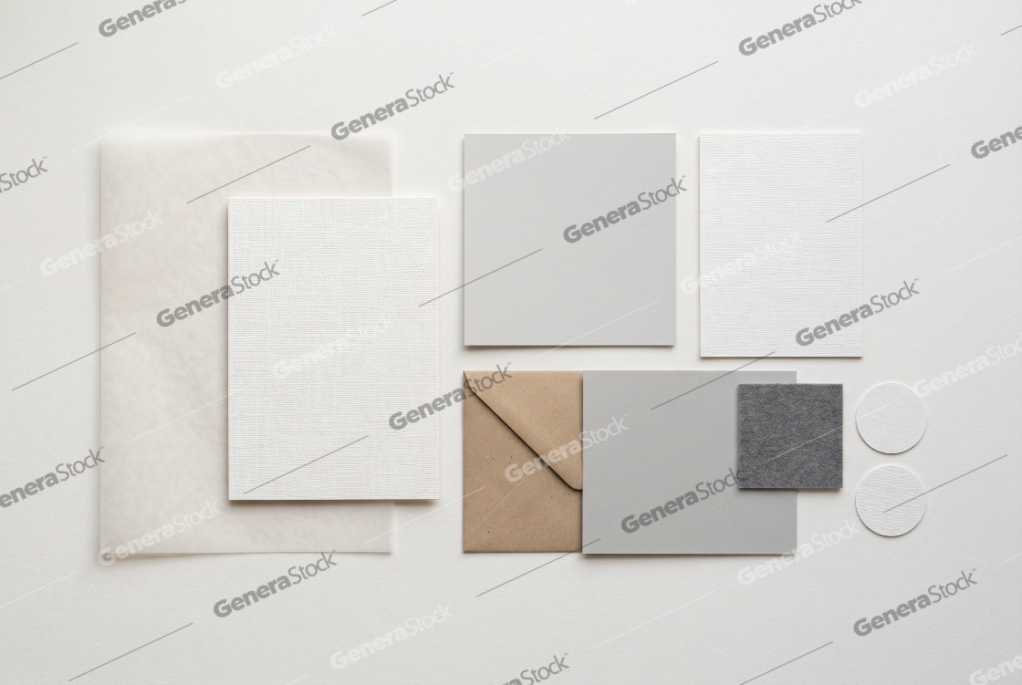 Minimalist Stationery Branding Mockup with Blank Cards Kraft Envelope and Textured Paper on White Background