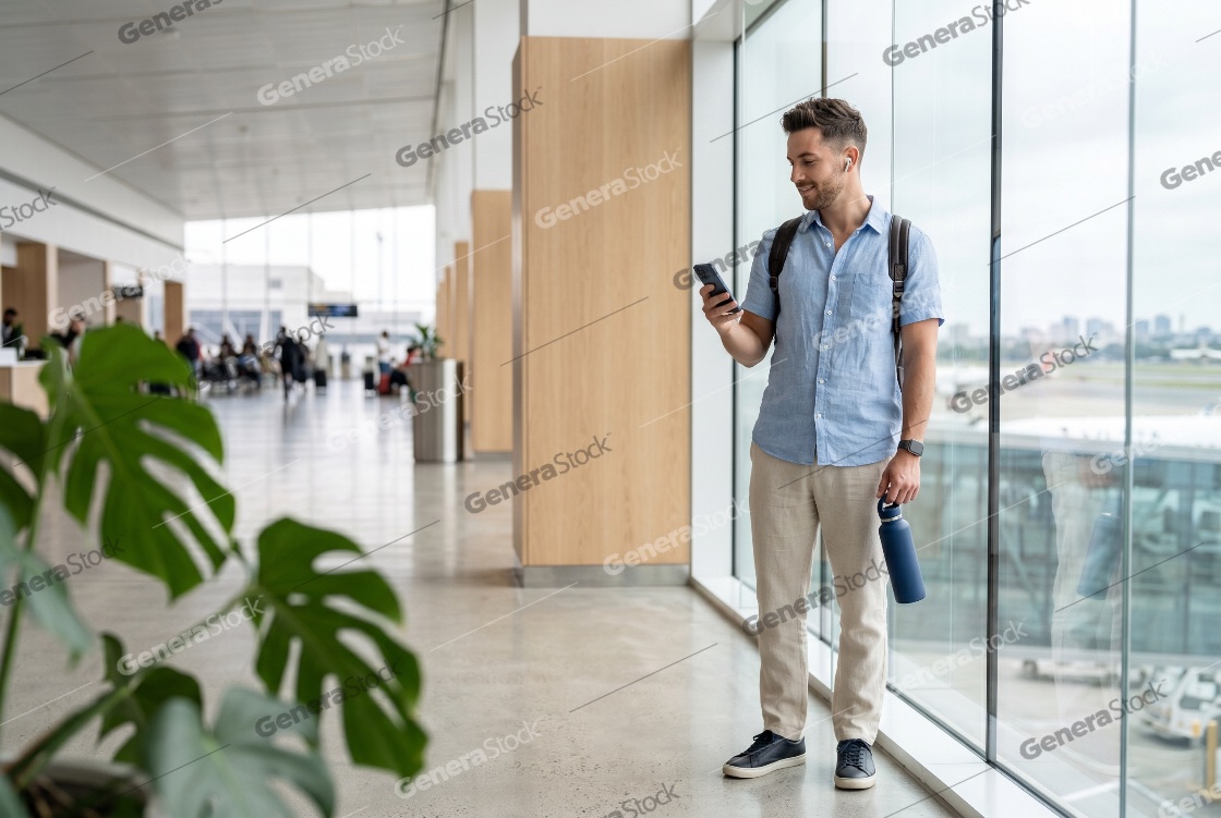 Young Male Traveler Using Smartphone and Wearing Earbuds in Modern Airport Terminal