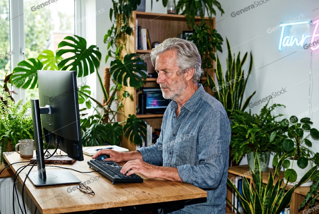 Senior Man Working on Computer in Lush Green Home Office with Indoor Plants